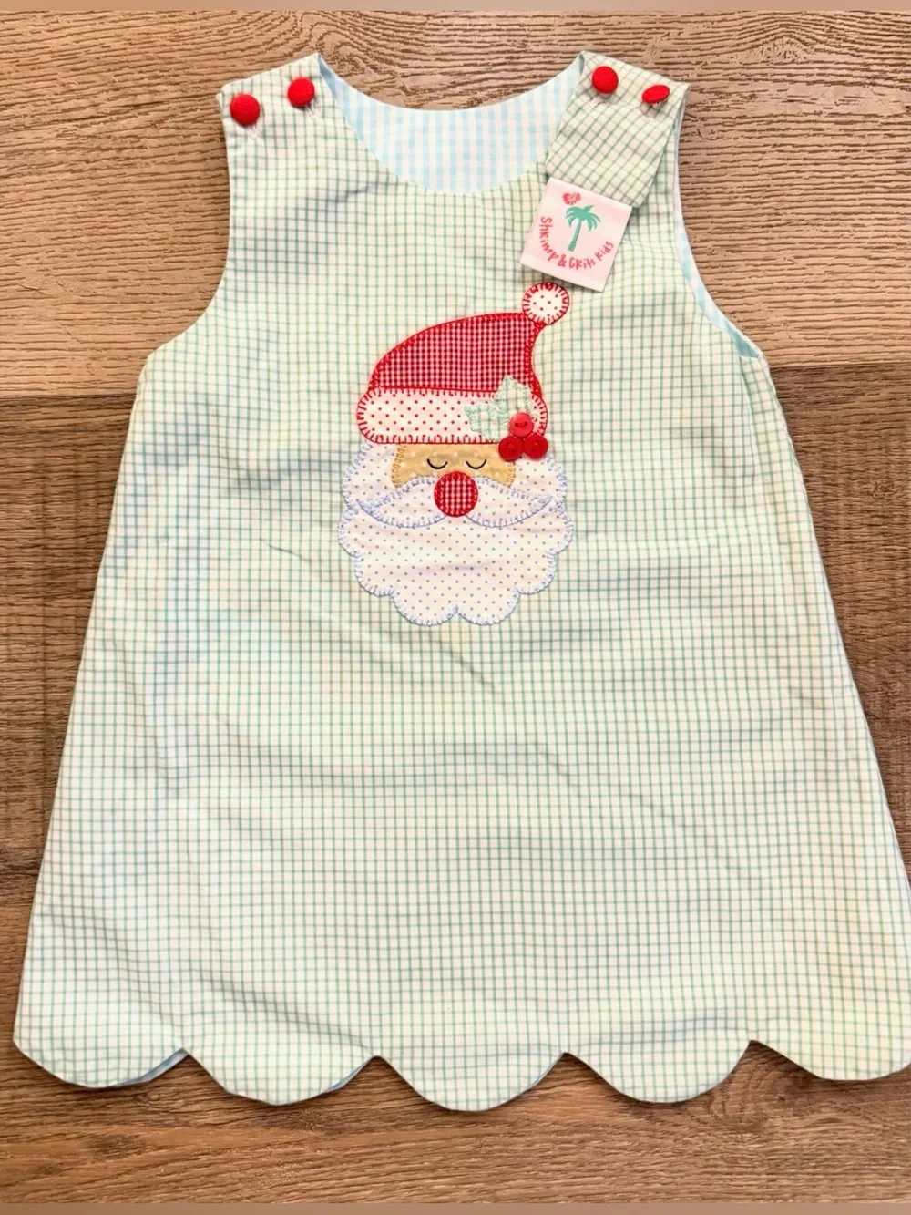 Shrimp & Grits Green Gingham Baby Outfit with Red Embroidery